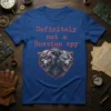 Blue t-shirt with red text "Definitely not a Russian spy" and a graphic of two bears wearing helmets