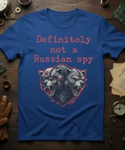 Blue t-shirt with red text "Definitely not a Russian spy" and a graphic of two bears wearing helmets