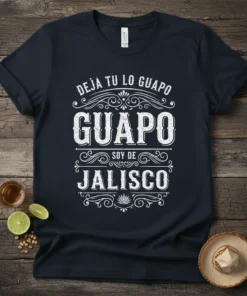 Deja Tu Lo Guapo Guapo Soy De Jalisco text design on a navy t-shirt, featuring decorative borders and bold typography