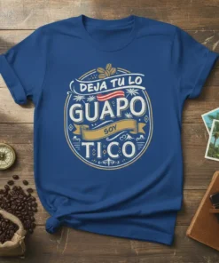 Deja Tu Lo Guapo Soy Tico text with coffee beans and palm tree graphics on a blue t-shirt