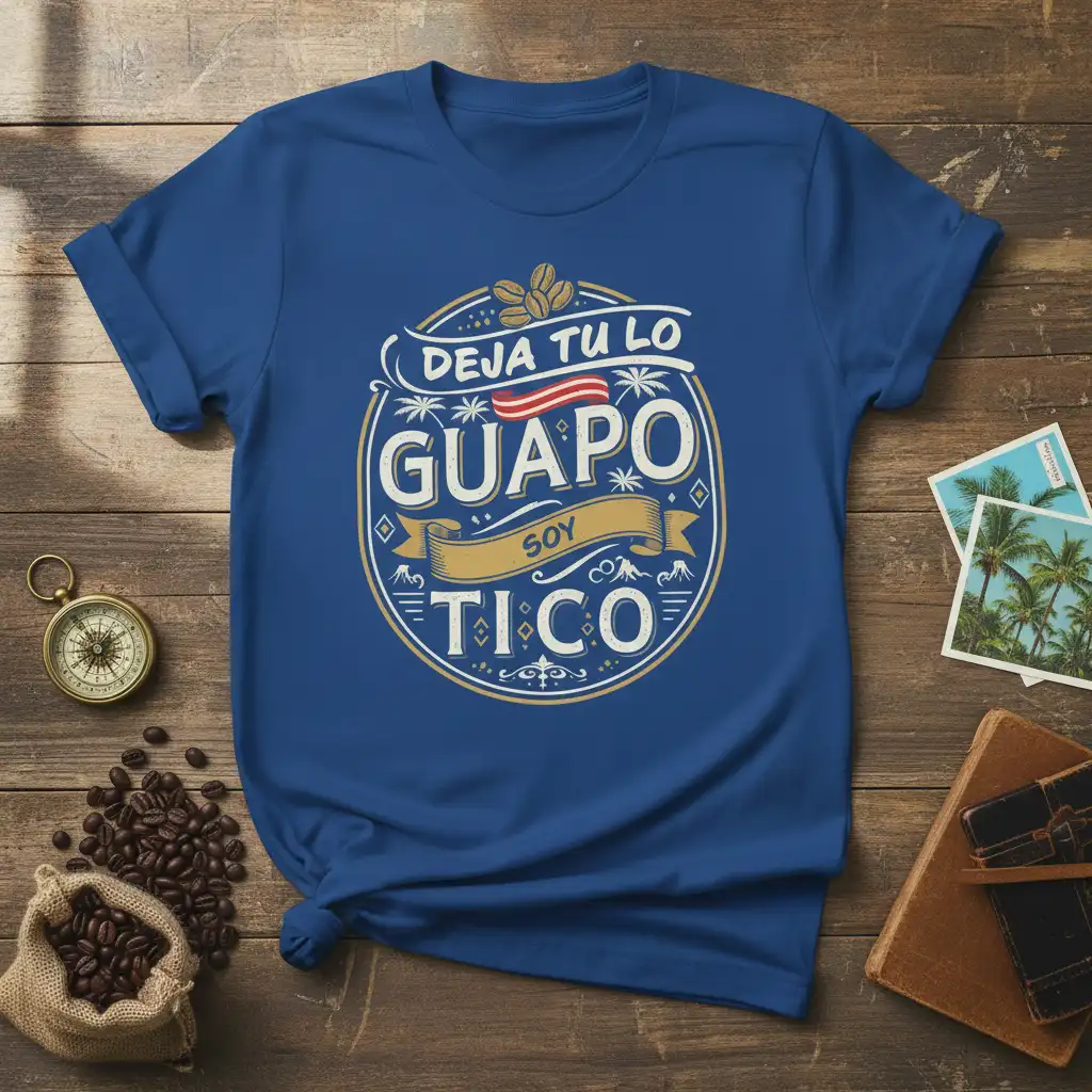 Deja Tu Lo Guapo Soy Tico phrase with coffee beans and palm tree art on blue tee