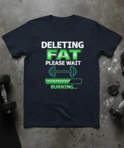 DELETING FAT PLEASE WAIT BURNING... gym humor t-shirt with dumbbell and progress bar graphic