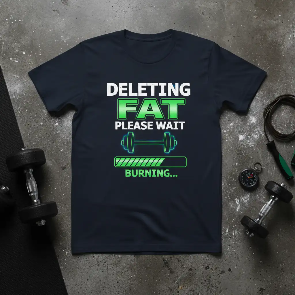 DELETING FAT PLEASE WAIT BURNING... gym humor t-shirt design with progress bar and dumbbell graphic