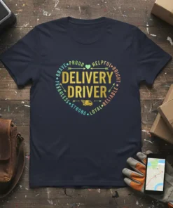 Navy blue t-shirt with "DELIVERY DRIVER" in gold glitter text, surrounded by a heart shape of positive attributes like brave