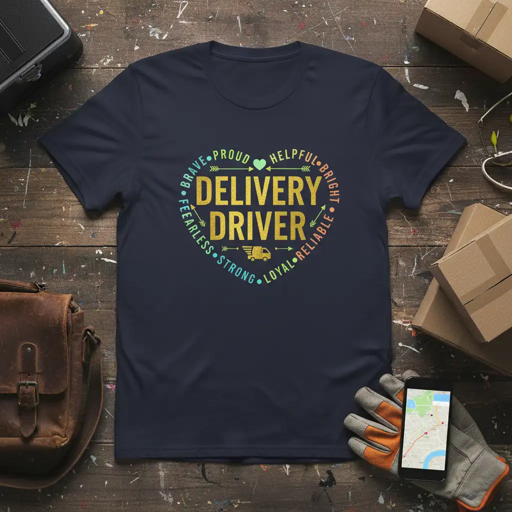Navy t-shirt featuring the gold glitter text DELIVERY DRIVER in a heart-shaped design with positive descriptive words