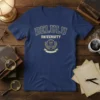 Delulu University Owl Crest t-shirt with retro collegiate font and owl mascot emblem