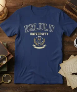 Delulu University Owl Crest t-shirt with retro collegiate font and owl mascot emblem