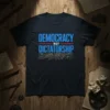 Democracy Not Dictatorship text design with blue distressed font and circuit board graphic on a black t-shirt
