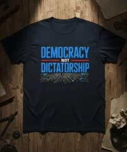 Democracy Not Dictatorship text design with blue distressed font and circuit board graphic on a black t-shirt
