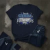 Denim And Diamonds text design with glitter and denim texture on a navy t-shirt