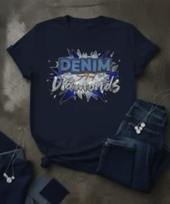 Denim And Diamonds text design with glitter and denim texture on a navy t-shirt