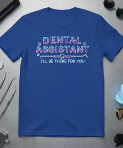 Dental Assistant I'll Be There For You quote in neon font with dental tools graphic on blue t-shirt