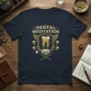 Dental Meditation t-shirt design featuring a golden tooth, lotus flower, wings, and dental tools in a crest