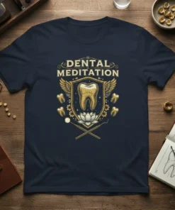 Dental Meditation t-shirt design featuring a golden tooth, lotus flower, wings, and dental tools in a crest