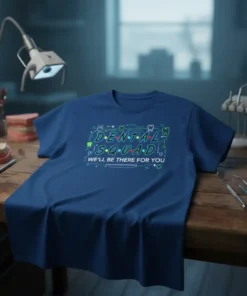 Dental Squad We'll Be There For You text design with tooth graphics on a navy blue t-shirt