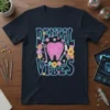 Retro groovy "Dental Vibes" text with a pink circuit board tooth graphic and colorful flowers on a navy t-shirt