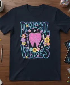 Retro groovy "Dental Vibes" text with a pink circuit board tooth graphic and colorful flowers on a navy t-shirt
