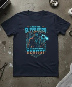 I Couldn't Be A Superhero So I Settled For Being A Dentist quote on a navy t-shirt with a futuristic