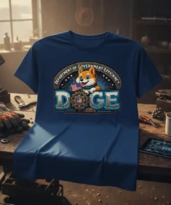 Department of Government Efficiency Doge text and Shiba Inu graphic on a blue t-shirt