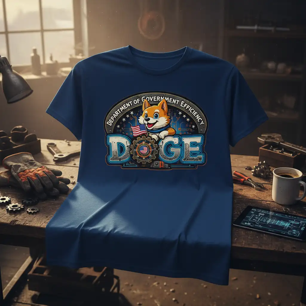 Department of Government Efficiency Doge meme text with Shiba Inu graphic on a blue t-shirt