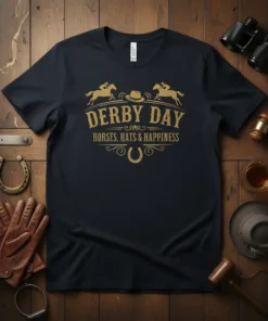 DERBY DAY HORSES, HATS & HAPPINESS bold graphic design printed on comfortable cotton t-shirt