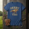 Derby Time t-shirt design featuring a jockey on a running horse and distressed text