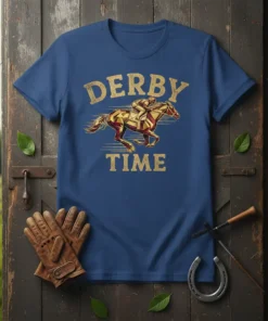 Derby Time t-shirt design featuring a jockey on a running horse and distressed text