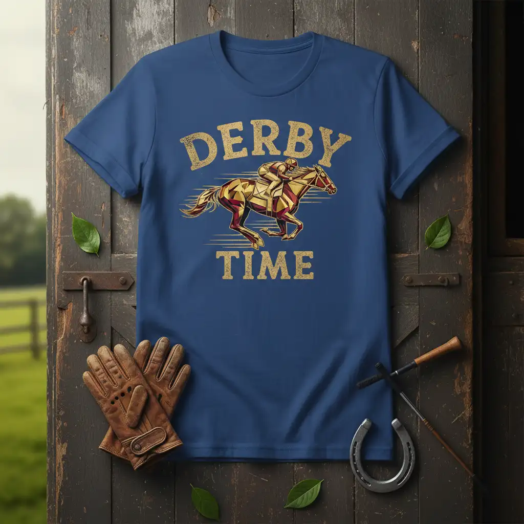 Derby Time horse racing t-shirt with jockey and stylized horse graphic