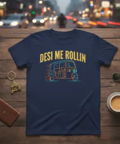 Desi Me Rollin text above a stylized auto rickshaw graphic on a navy blue t-shirt