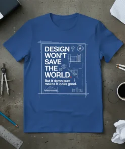 Blue t-shirt with white blueprint-style text quote: DESIGN WON'T SAVE THE WORLD But it damn sure makes it looks good
