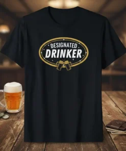 Black t-shirt with "DESIGNATED DRINKER" text in white and gold, featuring two beer mugs graphic