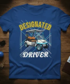 Designated Driver t-shirt with a golf cart graphic and bold text, perfect for golf lovers