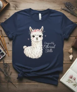 Navy t-shirt featuring a white llama with a pink floral wreath and the text "Designed by Ethereal Stells" in cursive