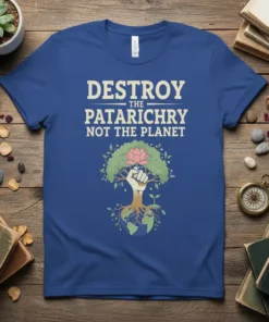 Destroy The Patriarchy Not The Planet text on a blue t-shirt with a raised fist holding a lotus flower within