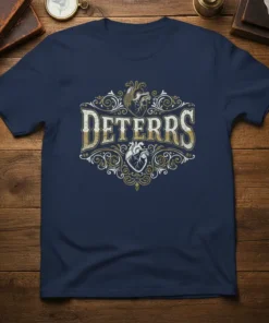 DETERRS vintage heart graphic t-shirt with anatomical heart and ornate border, navy blue tee