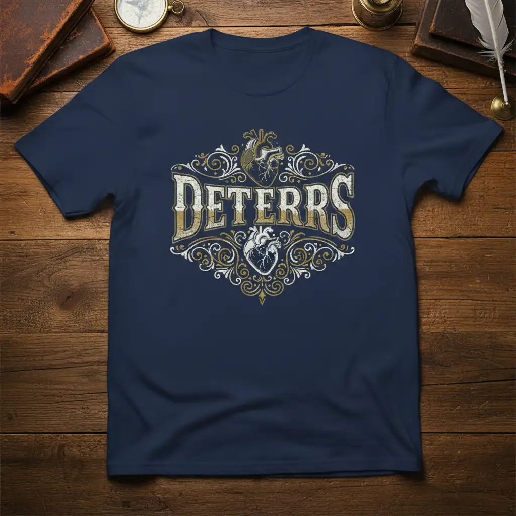 DETERRS text with vintage anatomical heart illustration and decorative border on a navy t-shirt