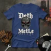 Deth MetLe gothic skull t-shirt with red glowing eyes and mechanical details, black and white design with gold accents