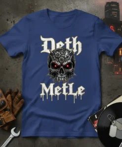 Deth MetLe gothic skull t-shirt with red glowing eyes and mechanical details, black and white design with gold accents