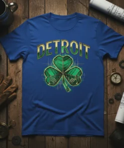Detroit Shamrock T-Shirt design featuring bold "DETROIT" text above a detailed green shamrock graphic with metallic accents