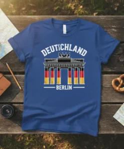 Deutschland Berlin Germany travel t-shirt design featuring the Brandenburg Gate with German flag colors