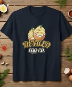 Deviled Egg Co. text and graphic of two deviled eggs on a navy t-shirt
