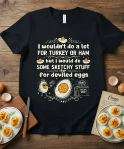 Deviled eggs quote t-shirt: "I wouldn't do a lot FOR TURKEY OR HAM but I would do SOME SKETCHY STUFF