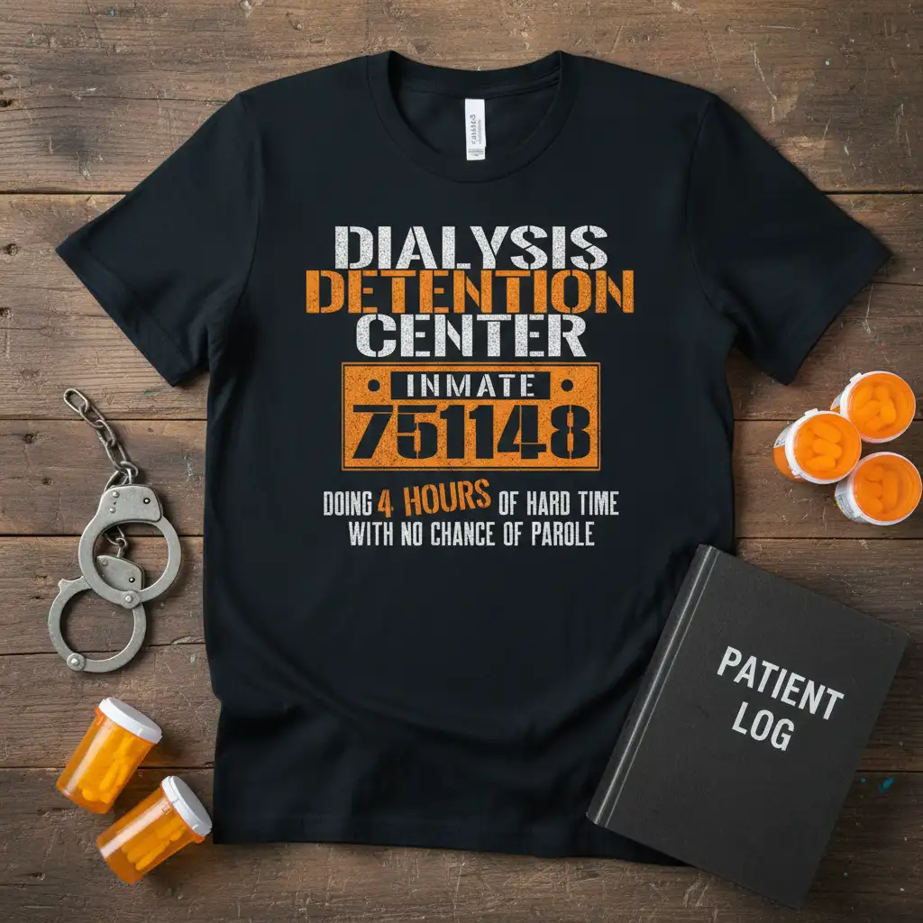 Dialysis Detention Center Inmate 751148 quote on a black t-shirt with jail-style number graphic
