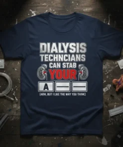 Dialysis technician humor t-shirt with text "Dialysis Technicians Can Stab Your Arm (ARM, BUT I LIKE THE WAY YOU THINK)"