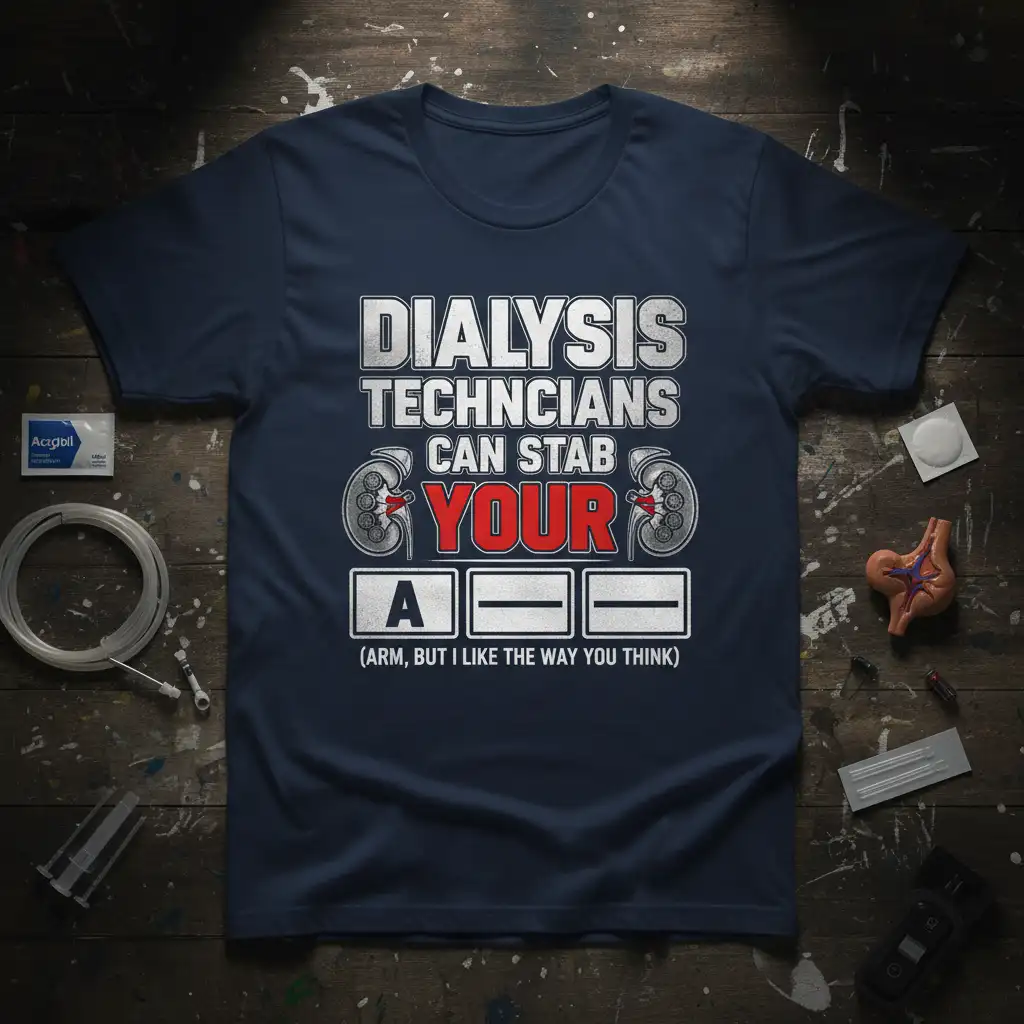 Dialysis Technicians Can Stab Your Arm funny quote t-shirt with medical kidney graphics and humor