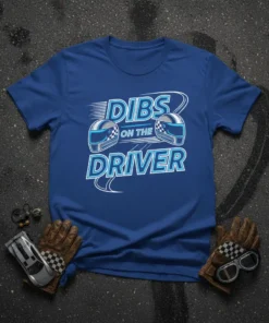 Dibs On The Driver t-shirt design featuring racing helmets and checkered flags in blue and white typography
