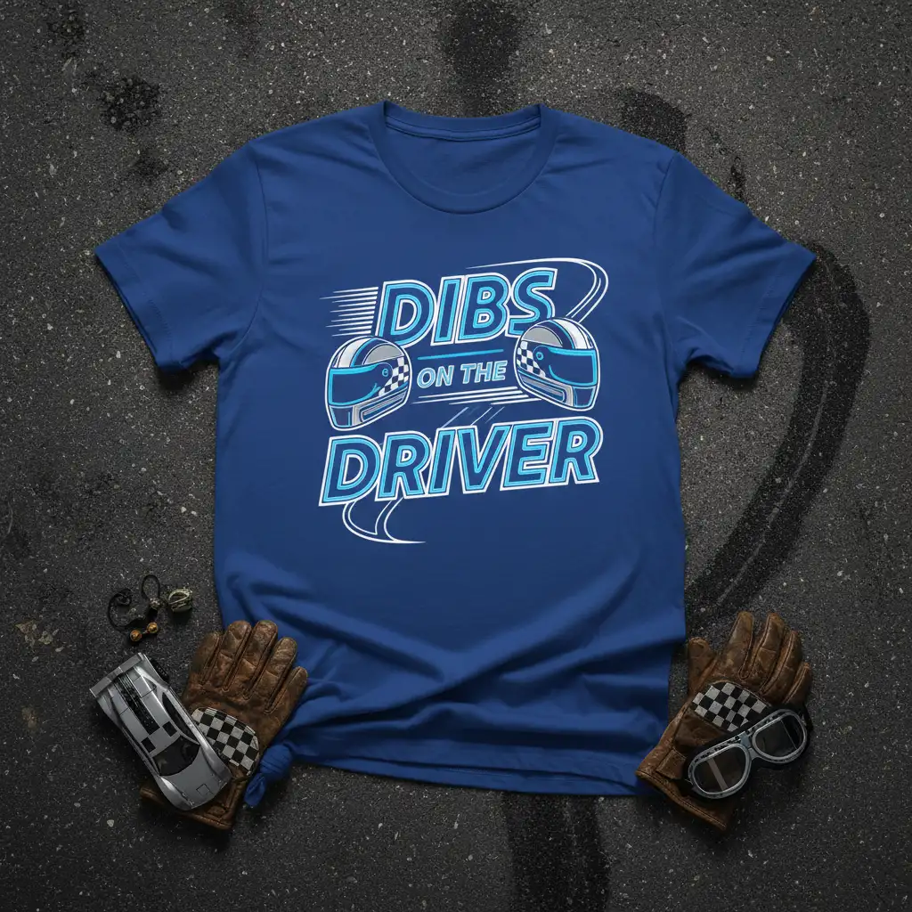 Dibs On The Driver phrase with racing helmets graphic on a blue t-shirt design