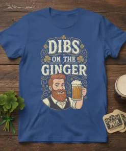 Dibs On The Ginger text with a bearded man holding a beer mug on a blue t-shirt design