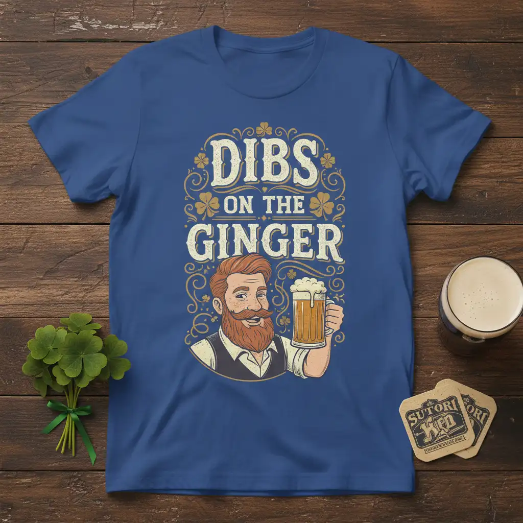 Dibs On The Ginger quote with a man holding a beer, perfect for ginger pride and St. Patrick's Day celebrations