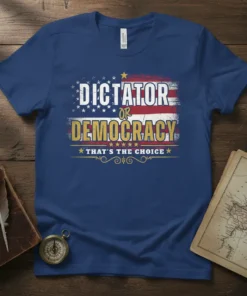 Dictator or Democracy That's the Choice political statement t-shirt design with American flag background